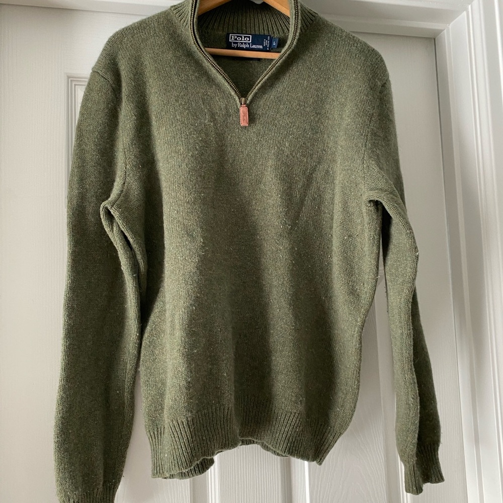 Vintage 90s Polo Ralph Lauren High Neck Men's Green Wool Half Zip-Up Sweater